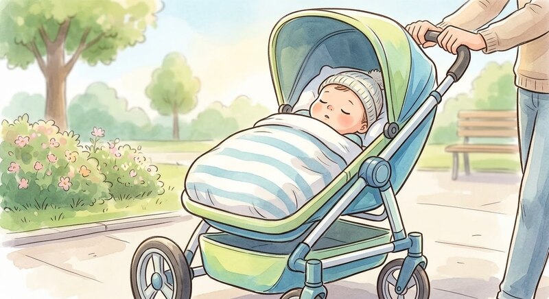 Śpiące niemowlę w wózku podczas spaceru w słoneczny dzień w parku.